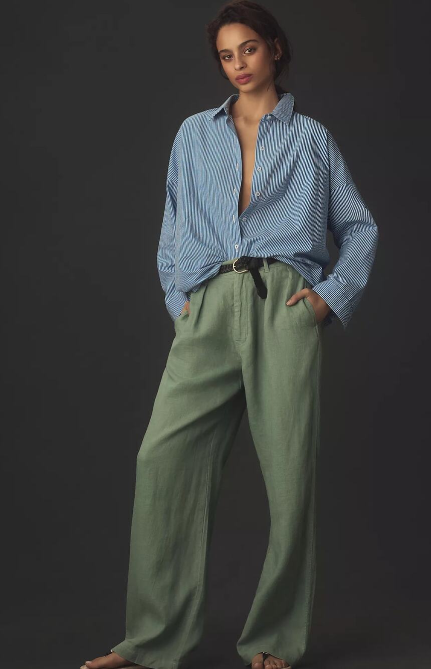 NWT Denimist Wide Leg Linen Trousers Sage Green 31 Waist